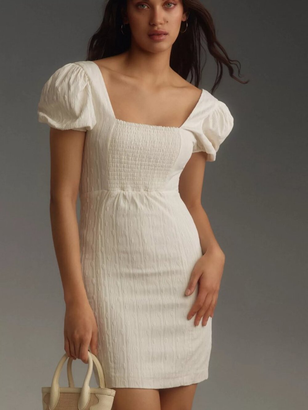 Maeve NWT Ivory Textured Puff Sleeve Square Neck Smocked Mini Dress | MP
